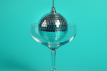 Fototapeta premium Creative Christmas concept with silver disco ball hangs inside a champagne coupe glass on a turquoise background. Minimalist festive still life with copy space