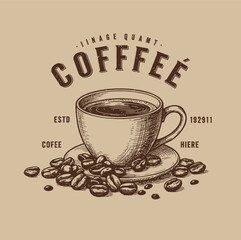 Vintage hand-drawn illustration of a coffee cup with beans on a saucer. Retro sketch style graphic for a cafe menu or logo design