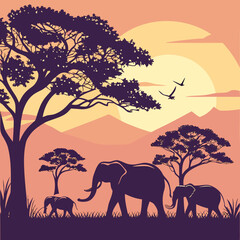 Obraz premium Silhouette of a herd of elephants walking across the savanna at sunset with acacia trees and birds flying in the sky