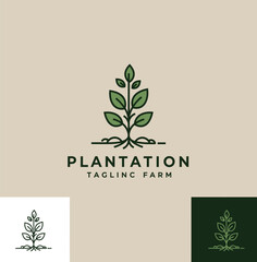 Plantation Logo Design with Seedling and Roots for Farm or Agricultural Business