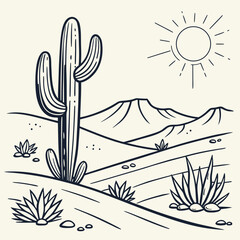 Stylized line art illustration of a saguaro cactus and desert landscape with mountains and a bright sun in a simple graphic style © Mamun