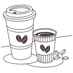 Two stylized takeaway coffee cups with lids and sleeves featuring coffee bean logos and a small branch with leaves on a white background