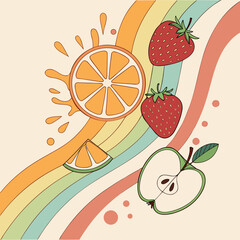 Vibrant retro fruit splash with orange slices strawberries and apple halves on a pastel rainbow background