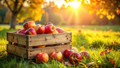 Wooden Crate of Red Apples in an Autumn Landscape with Golden Sunlight and Fallen Leaves on Green Grass in a Scenic Orchard at Sunset