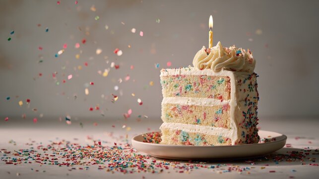 Funfetti birthday cake with colorful sprinkles inside vanilla buttercream frosting and a candlelit celebration joyful mood