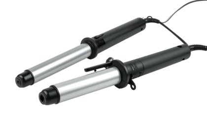 Two black hair curling wands, silver barrels, cords, studio shot