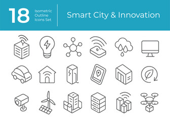 Isometric 3D Smart City and Innovation Outline Icons Set Minimalist Vector Collection for Urban Technology and Digital Infrastructure Design