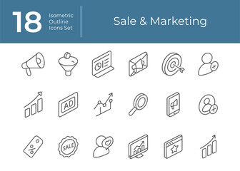 Isometric 3D Sale and Marketing Outline Icons Set Minimalist Vector Collection for Digital Promotion and E-commerce Design