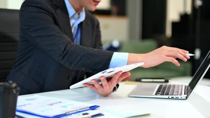 Businesswoman hand working digital marketing media in virtual screen with mobile phone and modern compute with VR icon diagram at offic - Powered by Adobe