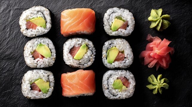 A flat lay of sushi rolls with brown rice avocado and salmon healthy eating concept clean presentation