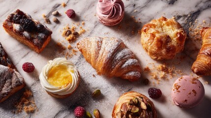 Flat lay of assorted French pastries on a marble counter warm morning light rustic wooden background crumbs scattered