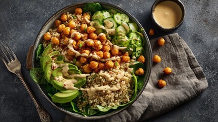 Vegan dish Flat lay of a vibrant Buddha bowl with quinoa roasted chickpeas avocado and tahini drizzle overhead natural lighting