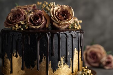 Elegant black-and-gold birthday cake with geometric patterns dripping chocolate ganache and fresh roses luxurious vibe