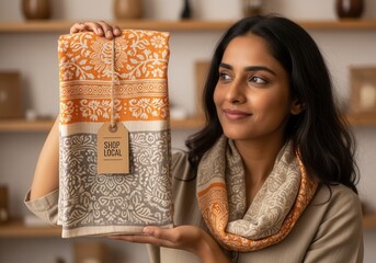 Stylish Indian woman holds a handmade scarf with a shop local tag. Supporting small business and local artisan craftsmanship