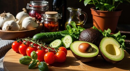 Fresh ingredients laid out on a wooden board ready for meal preparation in a cozy kitchen setting