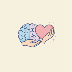 A symbolic vector illustration of emotional intelligence and mental health, showing hands holding a brain and heart in perfect balance