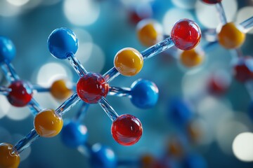 A digital rendering of a molecular structure set against a scientific backdrop