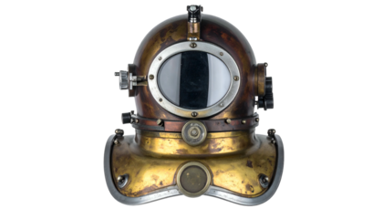 Worn brass diving helmet, dark glass window, isolated on black