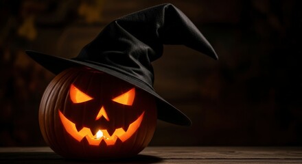 Spooky Halloween Jack O Lantern Wearing Witch Hat Glowing Freaky Face