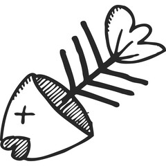 Hand Drawn Icon of a Fish Skeleton with a Transparent Background Simple Line Art Sketch Style