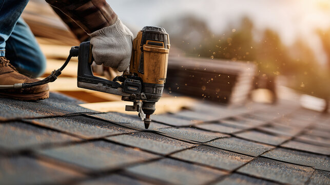 Roofer using a nail gun to secure asphalt shingles during roof installation at sunset