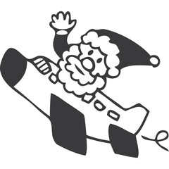 Hand Drawn Santa Claus Character Riding on an Airplane in Black and White with Transparent Background Christmas Themed Illustration