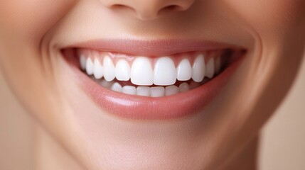 Obraz premium Bright and healthy smile of a young woman showcasing perfect teeth in close-up portrait during daytime