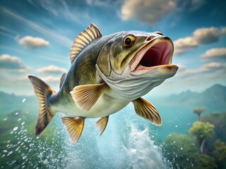 A largemouth bass leaps from water