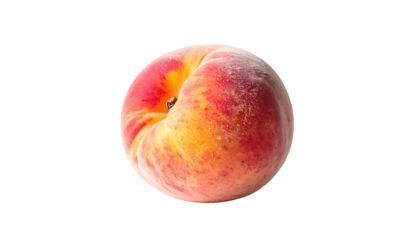 Ripe peach, blush of red, orange, yellow, fuzz detail, isolated