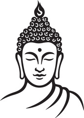 Buddha silhouette vector illustration in black and white with serene face, urna, flame symbol and robe for peace, meditation and spiritual themes