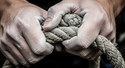 Close-up of chalky hands gripping climbing rope