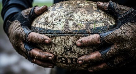Mud-covered rugby ball gripped by male player in intense match