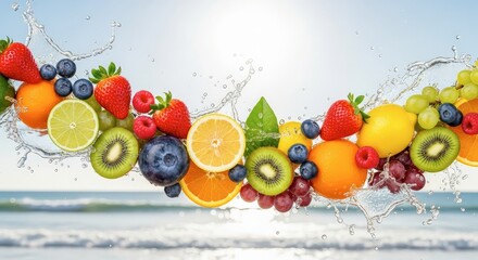 Vibrant Fresh Fruit Collection Water Splash Beach Background