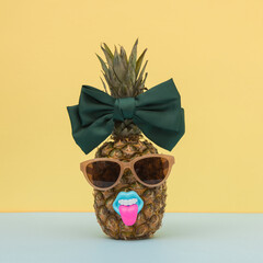 Funny pineapple with bow and sunglasses on pastel background, photographed in studio. Quirky tropical pop art composition with humor