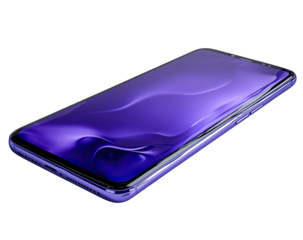 Purple phone with curved edges displays wavy abstract pattern