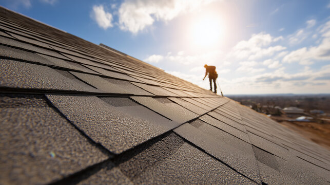 Roofer conducting final inspection on newly installed asphalt shingle roof at sunset
