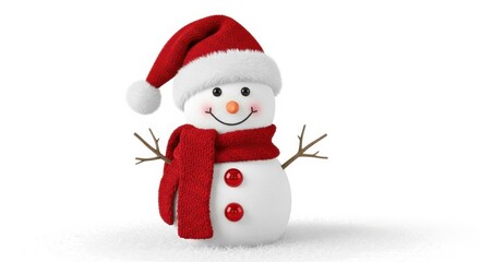Cute snowman wearing a red scarf and Santa hat stands cheerfully in the winter landscape