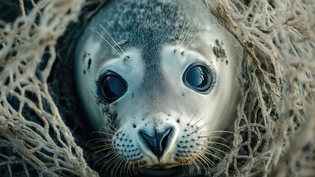 A close-up of a seal entangled in a fishing net, highlighting the plight of marine life caught in human activities