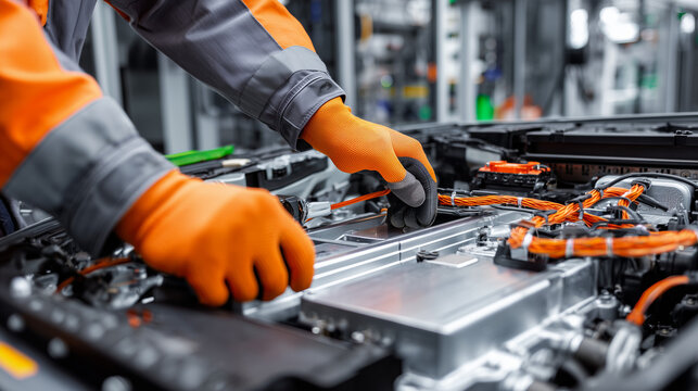 Young technician wearing gloves working on electric car battery components in high-tech facility