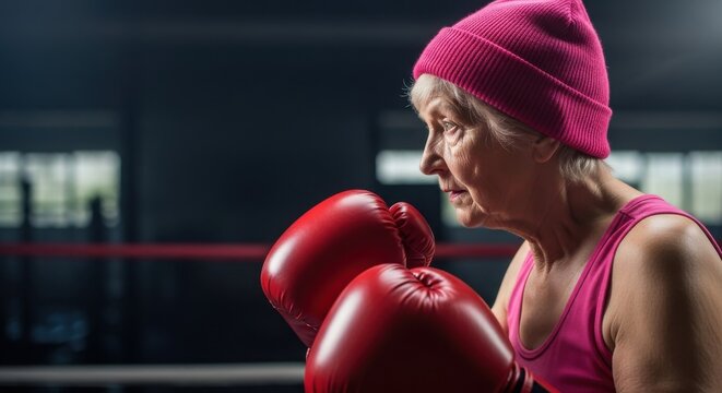 Senior woman participates in boxing training session inside gym at daytime
