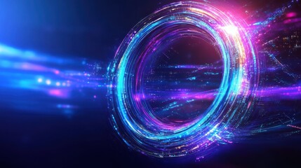 Rotating abstract light ring in digital environment at night