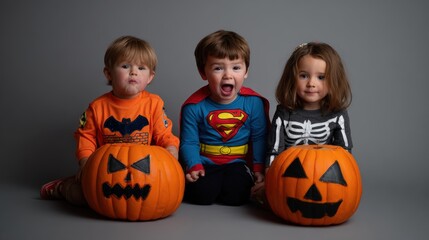 Three children dressed in Halloween costumes sitting with carved pumpkins on gray background, celebrating fall holiday and spooky theme