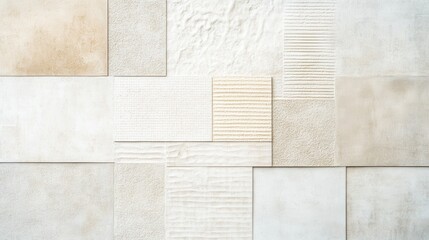 Diverse patterns and textures of beige tiles arranged on a flat surface for interior design inspiration in a modern setting