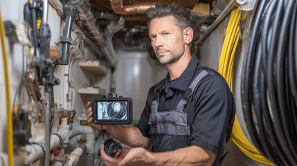 Plumber inspecting underground pipes using specialized camera equipment in utility room