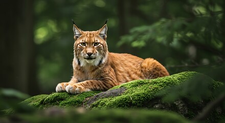 Wild lynx resting on mossy log in a lush green forest