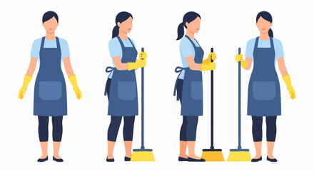 Fototapeta premium Four illustrations of a woman wearing an apron and gloves, holding a broom, in different poses.