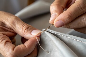 Close-up of hands sewing a piece of fabric with a needle and thread, showcasing craftsmanship