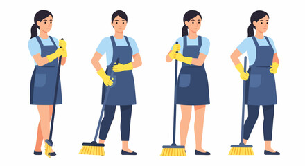 Four women in blue aprons and yellow gloves holding brooms, illustrating cleaning services.