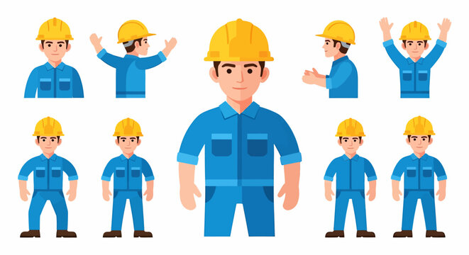 Collection of cartoon construction worker characters in various poses and outfits, showcasing different actions and perspectives.