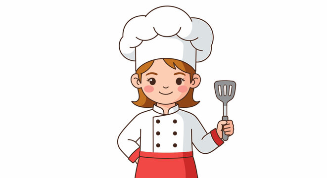A cute cartoon illustration of a female chef in uniform holding a spatula, isolated on a white background.